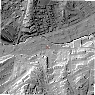 Shaded relief map of the ground around S118ZL, computed from Environment Agency LiDAR. The ground here sits at about 97 m above sea level and falls 62 m across the surrounding 800 m. Surface water reaching this point runs off ground lying to the south-south-west, 52.8 m higher.
