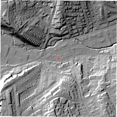Shaded relief map of the ground around S118ZP, computed from Environment Agency LiDAR. The ground here sits at about 101 m above sea level and falls 66 m across the surrounding 800 m. Surface water reaching this point runs off ground lying to the south-west, 54.7 m higher.