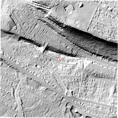 Shaded relief map of the ground around S119FR, computed from Environment Agency LiDAR. The ground here sits at about 130 m above sea level and falls 74 m across the surrounding 800 m. Surface water reaching this point runs off ground lying to the west, 51.9 m higher.