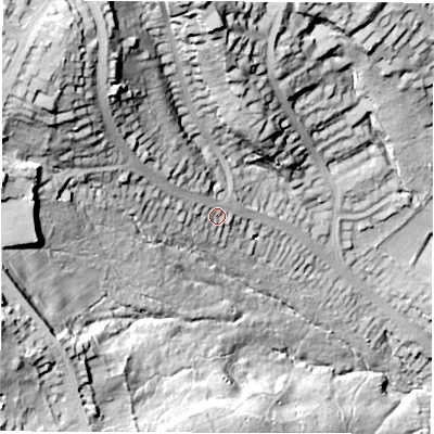 Shaded relief map of the ground around S119LF, computed from Environment Agency LiDAR. The ground here sits at about 159 m above sea level and falls 77 m across the surrounding 800 m. Surface water reaching this point runs off ground lying to the west-north-west, 13.1 m higher.