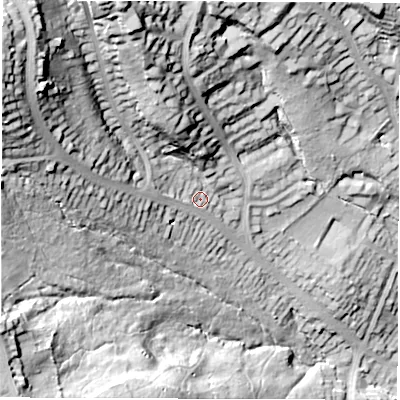 Shaded relief map of the ground around S119LH, computed from Environment Agency LiDAR. The ground here sits at about 149 m above sea level and falls 78 m across the surrounding 800 m. Surface water reaching this point runs off ground lying to the north-west, 49.6 m higher.