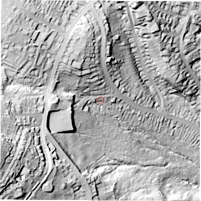 Shaded relief map of the ground around S119LL, computed from Environment Agency LiDAR. The ground here sits at about 177 m above sea level and falls 86 m across the surrounding 800 m. Surface water reaching this point runs off ground lying to the west-south-west, 49.9 m higher.