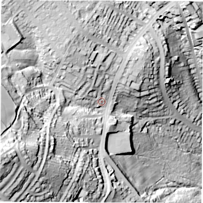 Shaded relief map of the ground around S119PU, computed from Environment Agency LiDAR. The ground here sits at about 197 m above sea level and falls 91 m across the surrounding 800 m. Surface water reaching this point runs off ground lying to the north-west, 17.9 m higher.