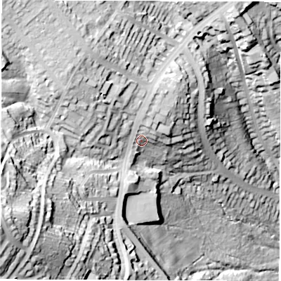 Shaded relief map of the ground around S119PW, computed from Environment Agency LiDAR. The ground here sits at about 195 m above sea level and falls 90 m across the surrounding 800 m. Surface water reaching this point runs off ground lying to the north-north-east, 5.6 m higher.