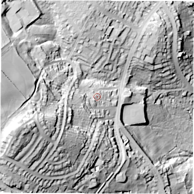 Shaded relief map of the ground around S119RD, computed from Environment Agency LiDAR. The ground here sits at about 204 m above sea level and falls 85 m across the surrounding 800 m. Surface water reaching this point runs off ground lying to the west-south-west, 20.7 m higher.