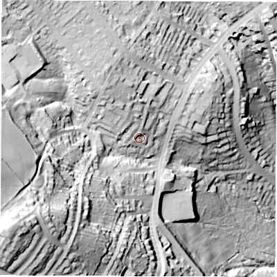 Shaded relief map of the ground around S119RE, computed from Environment Agency LiDAR. The ground here sits at about 201 m above sea level and falls 88 m across the surrounding 800 m. Surface water reaching this point runs off ground lying to the north-north-west, 13.8 m higher.
