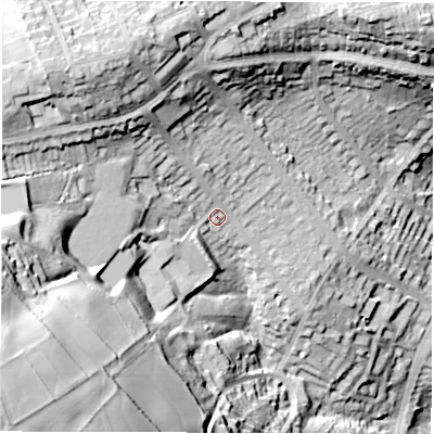 Shaded relief map of the ground around S119RN, computed from Environment Agency LiDAR. The ground here sits at about 217 m above sea level and falls 71 m across the surrounding 800 m. Surface water reaching this point runs off ground lying to the west-south-west, 33.3 m higher.