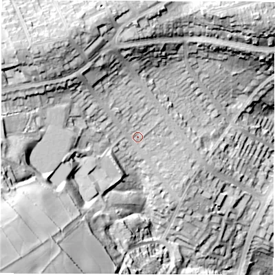 Shaded relief map of the ground around S119RP, computed from Environment Agency LiDAR. The ground here sits at about 216 m above sea level and falls 72 m across the surrounding 800 m. Surface water reaching this point runs off ground lying to the west-south-west, 26.9 m higher.