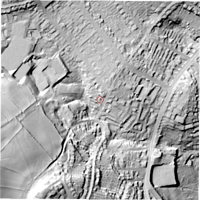 Shaded relief map of the ground around S119RQ, computed from Environment Agency LiDAR. The ground here sits at about 210 m above sea level and falls 80 m across the surrounding 800 m. Surface water reaching this point runs off ground lying to the north-north-west, 22.6 m higher.