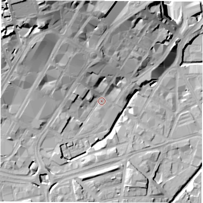 Shaded relief map of the ground around S11DJ, computed from Environment Agency LiDAR. The ground here sits at about 61 m above sea level and falls 37 m across the surrounding 800 m. Surface water reaching this point runs off ground lying to the north-west, 18.4 m higher.