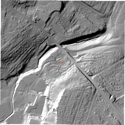 Shaded relief map of the ground around S122AX, computed from Environment Agency LiDAR. The ground here sits at about 134 m above sea level and falls 73 m across the surrounding 800 m. Surface water reaching this point runs off ground lying to the south, 47.1 m higher.