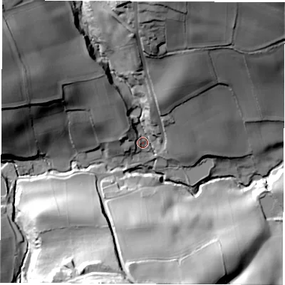 Shaded relief map of the ground around S123YD, computed from Environment Agency LiDAR. The ground here sits at about 76 m above sea level and falls 62 m across the surrounding 800 m. Surface water reaching this point runs off ground lying to the north-west, 41.4 m higher.