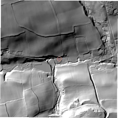 Shaded relief map of the ground around S123YF, computed from Environment Agency LiDAR. The ground here sits at about 77 m above sea level and falls 64 m across the surrounding 800 m. Surface water reaching this point runs off ground lying to the north-west, 52.9 m higher.