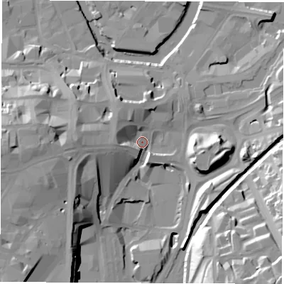 Shaded relief map of the ground around S12AR, computed from Environment Agency LiDAR. The ground here sits at about 51 m above sea level and falls 39 m across the surrounding 800 m. Surface water reaching this point runs off ground lying to the south-west, 31.3 m higher.