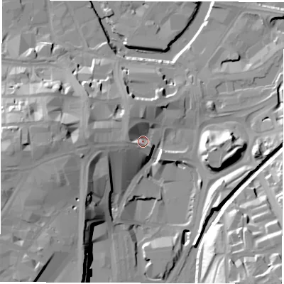 Shaded relief map of the ground around S12AT, computed from Environment Agency LiDAR. The ground here sits at about 57 m above sea level and falls 38 m across the surrounding 800 m. Surface water reaching this point runs off ground lying to the west-south-west, 20.5 m higher.