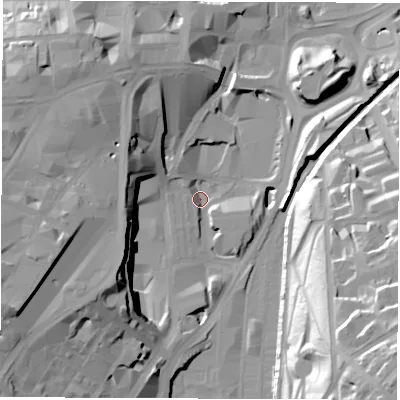 Shaded relief map of the ground around S12BD, computed from Environment Agency LiDAR. The ground here sits at about 52 m above sea level and falls 47 m across the surrounding 800 m. Surface water reaching this point runs off ground lying to the south-west, 23.8 m higher.