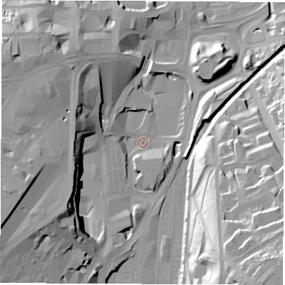 Shaded relief map of the ground around S12BG, computed from Environment Agency LiDAR. The ground here sits at about 52 m above sea level and falls 47 m across the surrounding 800 m. Surface water reaching this point runs off ground lying to the south-west, 23.8 m higher.