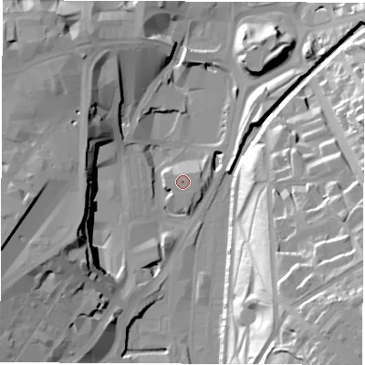 Shaded relief map of the ground around S12BJ, computed from Environment Agency LiDAR. The ground here sits at about 56 m above sea level and falls 47 m across the surrounding 800 m. The ground contributing surface water to this point lies to the east-south-east.