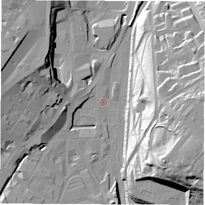Shaded relief map of the ground around S12BP, computed from Environment Agency LiDAR. The ground here sits at about 55 m above sea level and falls 51 m across the surrounding 800 m. Surface water reaching this point runs off ground lying to the west-north-west, 19.7 m higher.