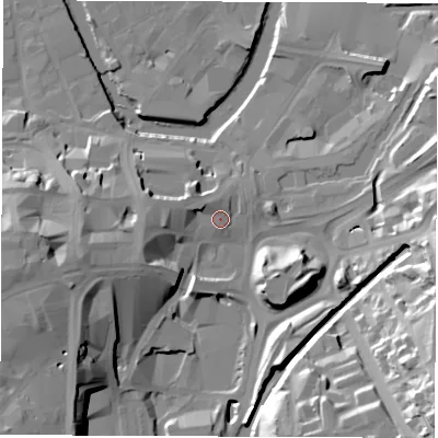 Shaded relief map of the ground around S12BQ, computed from Environment Agency LiDAR. The ground here sits at about 52 m above sea level and falls 41 m across the surrounding 800 m. Surface water reaching this point runs off ground lying to the north-west, 3.5 m higher.