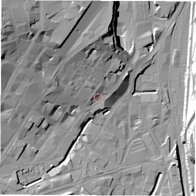 Shaded relief map of the ground around S12BS, computed from Environment Agency LiDAR. The ground here sits at about 62 m above sea level and falls 37 m across the surrounding 800 m. Surface water reaching this point runs off ground lying to the north, 12.7 m higher.