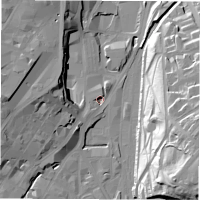 Shaded relief map of the ground around S12BW, computed from Environment Agency LiDAR. The ground here sits at about 52 m above sea level and falls 51 m across the surrounding 800 m. Surface water reaching this point runs off ground lying to the south-west, 8.0 m higher.