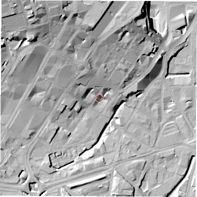 Shaded relief map of the ground around S12NW, computed from Environment Agency LiDAR. The ground here sits at about 62 m above sea level and falls 39 m across the surrounding 800 m. Surface water reaching this point runs off ground lying to the north-west, 28.9 m higher.