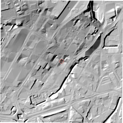 Shaded relief map of the ground around S12NX, computed from Environment Agency LiDAR. The ground here sits at about 61 m above sea level and falls 39 m across the surrounding 800 m. Surface water reaching this point runs off ground lying to the north-west, 28.9 m higher.