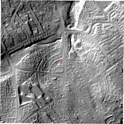 Shaded relief map of the ground around S138EG, computed from Environment Agency LiDAR. The ground here sits at about 125 m above sea level and falls 76 m across the surrounding 800 m. Surface water reaching this point runs off ground lying to the south-south-west, 50.3 m higher.