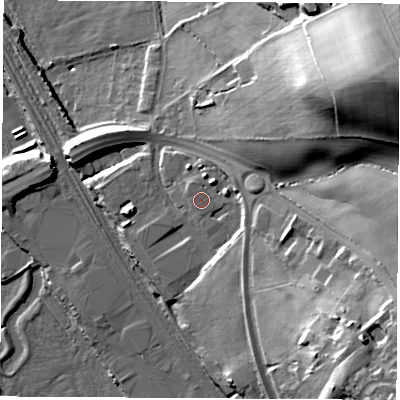 Shaded relief map of the ground around S139AD, computed from Environment Agency LiDAR. The ground here sits at about 42 m above sea level and falls 45 m across the surrounding 800 m. Surface water reaching this point runs off ground lying to the east, 4.4 m higher.