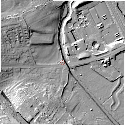 Shaded relief map of the ground around S139WD, computed from Environment Agency LiDAR. The ground here sits at about 34 m above sea level and falls 31 m across the surrounding 800 m. Surface water reaching this point runs off ground lying to the south-south-east, 1.6 m higher.