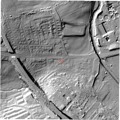 Shaded relief map of the ground around S139WF, computed from Environment Agency LiDAR. The ground here sits at about 35 m above sea level and falls 35 m across the surrounding 800 m. Surface water reaching this point runs off ground lying to the west-north-west, 20.0 m higher.