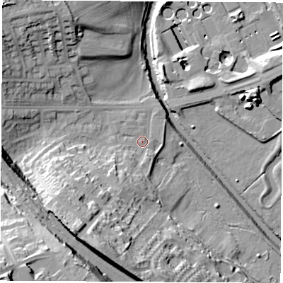 Shaded relief map of the ground around S139XD, computed from Environment Agency LiDAR. The ground here sits at about 35 m above sea level and falls 41 m across the surrounding 800 m. Surface water reaching this point runs off ground lying to the south-south-west, 8.2 m higher.