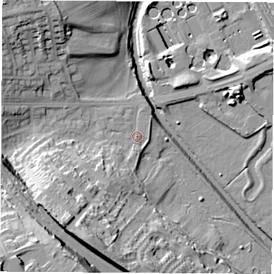 Shaded relief map of the ground around S139XF, computed from Environment Agency LiDAR. The ground here sits at about 35 m above sea level and falls 40 m across the surrounding 800 m. Surface water reaching this point runs off ground lying to the south-south-west, 8.2 m higher.