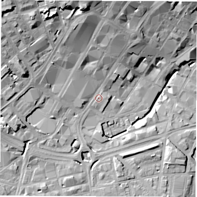 Shaded relief map of the ground around S13FG, computed from Environment Agency LiDAR. The ground here sits at about 65 m above sea level and falls 31 m across the surrounding 800 m. Surface water reaching this point runs off ground lying to the north-north-west, 20.4 m higher.