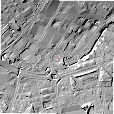 Shaded relief map of the ground around S13HU, computed from Environment Agency LiDAR. The ground here sits at about 65 m above sea level and falls 26 m across the surrounding 800 m. Surface water reaching this point runs off ground lying to the west-south-west, 1.3 m higher.