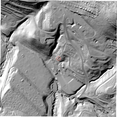 Shaded relief map of the ground around S141LW, computed from Environment Agency LiDAR. The ground here sits at about 119 m above sea level and falls 112 m across the surrounding 800 m. Surface water reaching this point runs off ground lying to the north-north-east, 24.4 m higher.