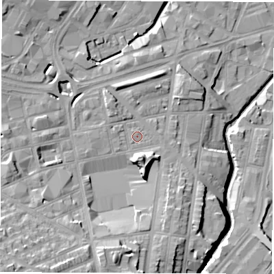 Shaded relief map of the ground around S14AU, computed from Environment Agency LiDAR. The ground here sits at about 66 m above sea level and falls 29 m across the surrounding 800 m. Surface water reaching this point runs off ground lying to the south-west, 0.8 m higher.
