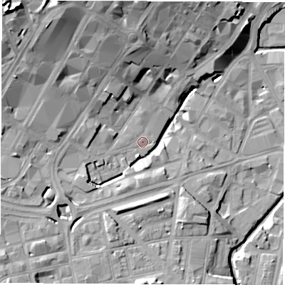 Shaded relief map of the ground around S14AX, computed from Environment Agency LiDAR. The ground here sits at about 61 m above sea level and falls 32 m across the surrounding 800 m. Surface water reaching this point runs off ground lying to the west-south-west, 2.3 m higher.