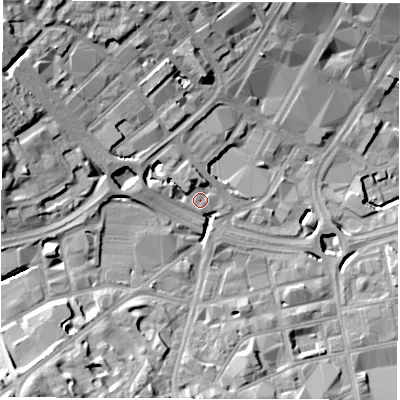 Shaded relief map of the ground around S14LW, computed from Environment Agency LiDAR. The ground here sits at about 70 m above sea level and falls 29 m across the surrounding 800 m. Surface water reaching this point runs off ground lying to the west-north-west, 6.7 m higher.
