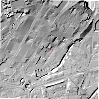 Shaded relief map of the ground around S14PJ, computed from Environment Agency LiDAR. The ground here sits at about 63 m above sea level and falls 36 m across the surrounding 800 m. Surface water reaching this point runs off ground lying to the north-north-west, 6.3 m higher.