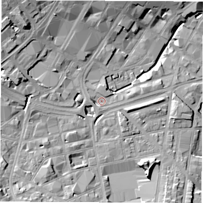 Shaded relief map of the ground around S14PN, computed from Environment Agency LiDAR. The ground here sits at about 66 m above sea level and falls 25 m across the surrounding 800 m. Surface water reaching this point runs off ground lying to the west, 3.0 m higher.