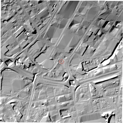 Shaded relief map of the ground around S14PP, computed from Environment Agency LiDAR. The ground here sits at about 66 m above sea level and falls 29 m across the surrounding 800 m. Surface water reaching this point runs off ground lying to the north-west, 18.9 m higher.