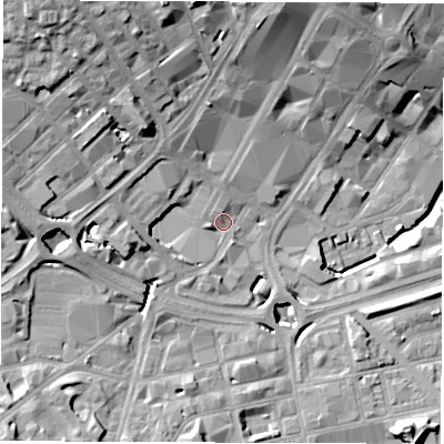 Shaded relief map of the ground around S14PR, computed from Environment Agency LiDAR. The ground here sits at about 68 m above sea level and falls 28 m across the surrounding 800 m. Surface water reaching this point runs off ground lying to the north-west, 18.4 m higher.