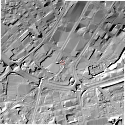 Shaded relief map of the ground around S14PS, computed from Environment Agency LiDAR. The ground here sits at about 67 m above sea level and falls 28 m across the surrounding 800 m. Surface water reaching this point runs off ground lying to the north-west, 18.4 m higher.