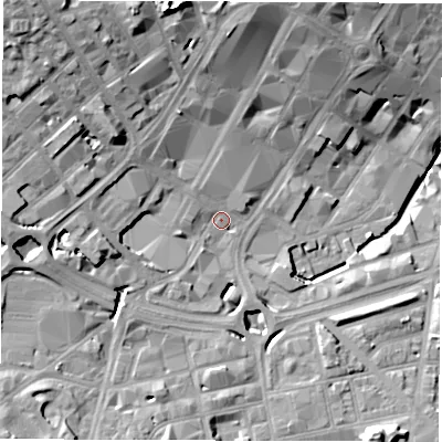 Shaded relief map of the ground around S14PT, computed from Environment Agency LiDAR. The ground here sits at about 67 m above sea level and falls 29 m across the surrounding 800 m. Surface water reaching this point runs off ground lying to the north-west, 19.4 m higher.