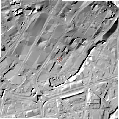 Shaded relief map of the ground around S14PY, computed from Environment Agency LiDAR. The ground here sits at about 63 m above sea level and falls 32 m across the surrounding 800 m. Surface water reaching this point runs off ground lying to the north-west, 23.5 m higher.