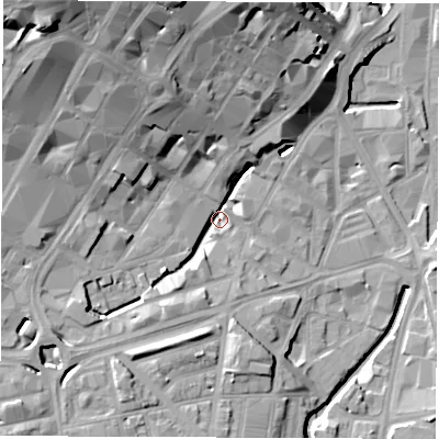 Shaded relief map of the ground around S14QF, computed from Environment Agency LiDAR. The ground here sits at about 57 m above sea level and falls 32 m across the surrounding 800 m. Surface water reaching this point runs off ground lying to the north-west, 27.1 m higher.