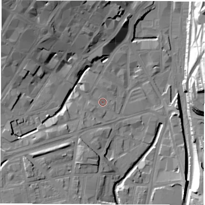 Shaded relief map of the ground around S14QG, computed from Environment Agency LiDAR. The ground here sits at about 58 m above sea level and falls 28 m across the surrounding 800 m. Surface water reaching this point runs off ground lying to the west-south-west, 2.3 m higher.