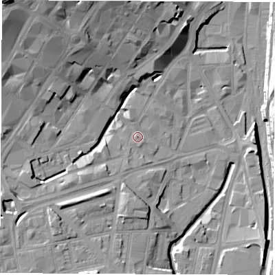 Shaded relief map of the ground around S14QU, computed from Environment Agency LiDAR. The ground here sits at about 60 m above sea level and falls 30 m across the surrounding 800 m. Surface water reaching this point runs off ground lying to the south-west, 1.6 m higher.